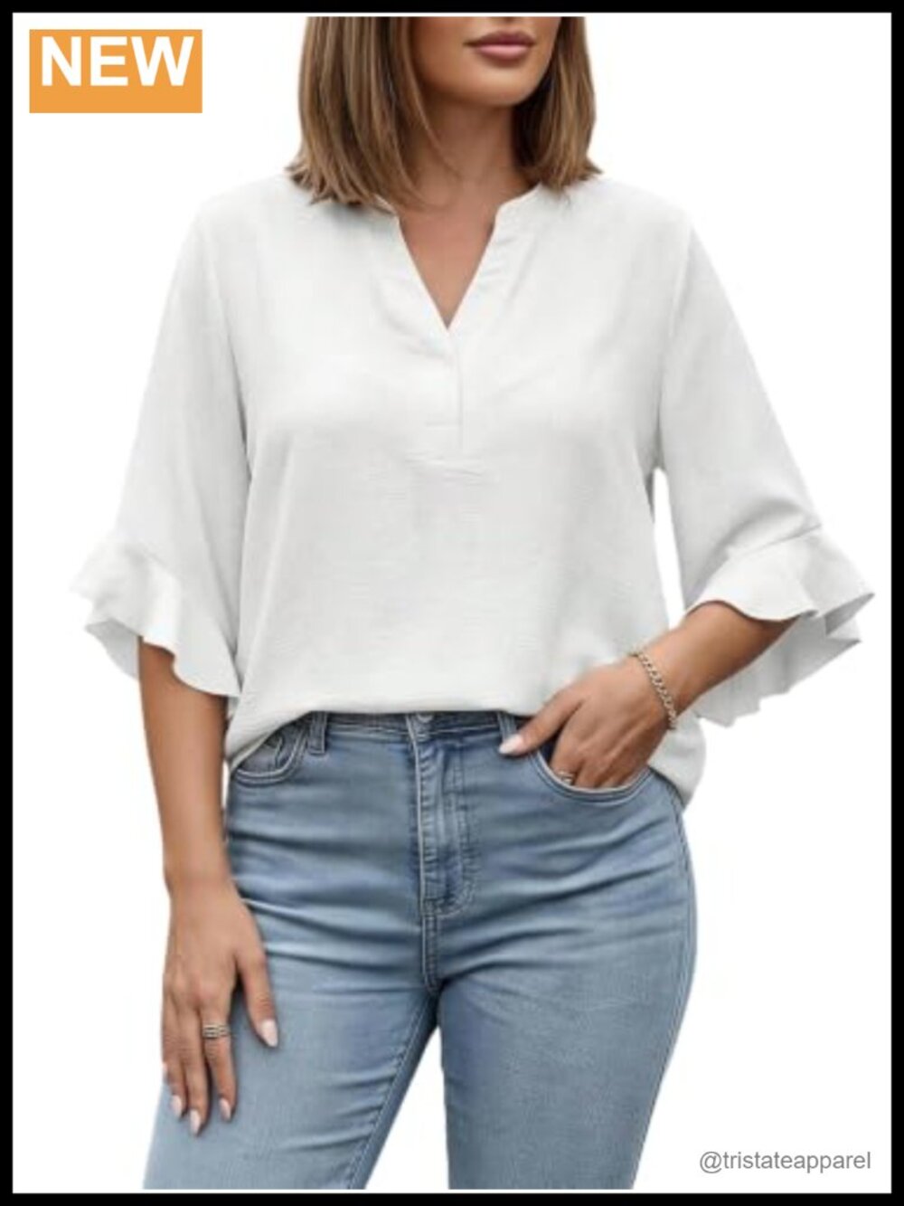 Plus Size Ruffle 3/4 Sleeve Notch V Neck Polyester Blouse Top